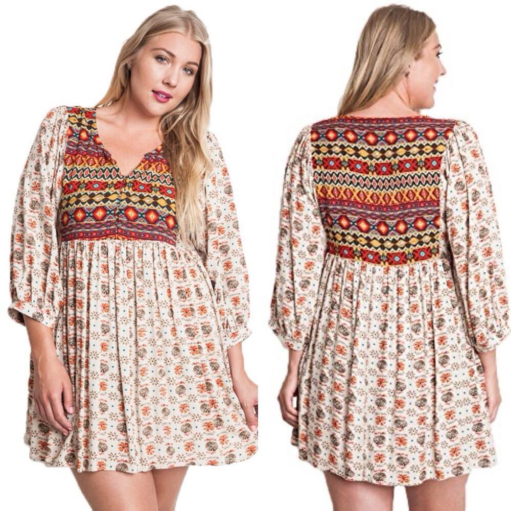 Umgee Babydoll Dress S Womens Boho Aztec Western Festival Eclectic Peasant Folk